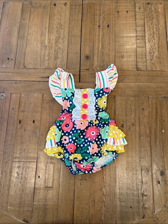 Wellie kate Other - Wellie Kate vibrant striped floral ruffled bubble romper 6-9 months boutique